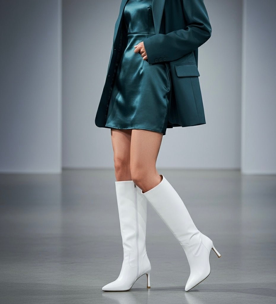 Women's White Knee - High Stiletto Boots - Pointed Toe Leather High Heel Long Boots - Gotaar