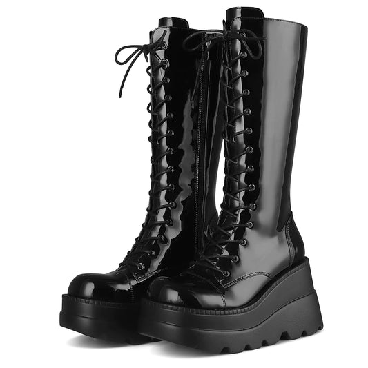 CELNEPHO Black Boots For Women Knee High Combat Punk Gothic Platform Wedge Mid Calf Chunky High Heel Round-Toe Motorcycle Boots For Women Size 8.5