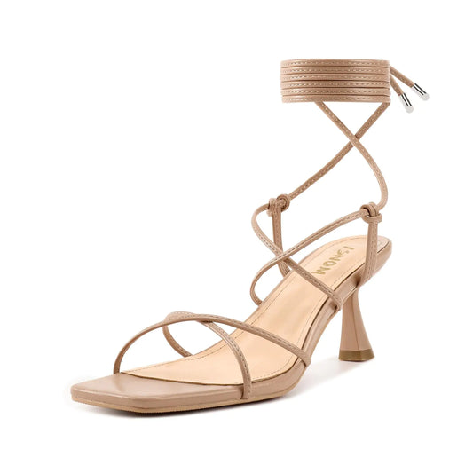 ISNOM Nude Strappy Kitten Heel Sandals for Women – Elegant Lace-Up Open Toe Heels