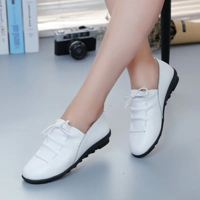 Genuine Leather Women's Flat Shoes - Waterproof Casual Driving Loafers