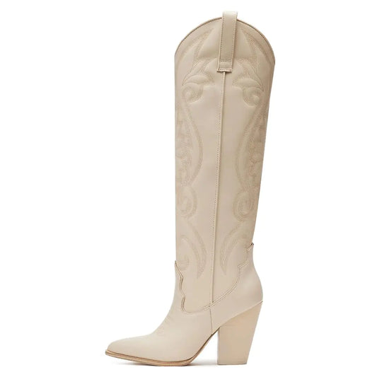 High Heel Western Cowgirl Boots with Embroidery - Knee High Side Zipper Boots