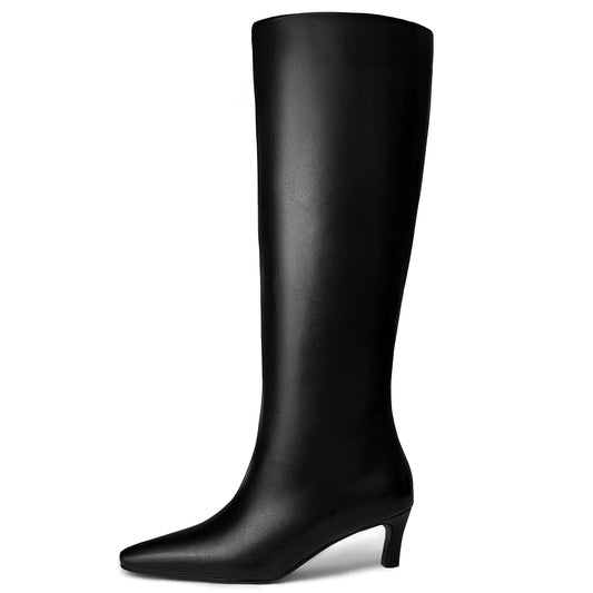 HEIFIN Knee High Black Boots Women Pointed Square Toe Tall Boots Fashion Faux Leather low kitten Heel Long boots