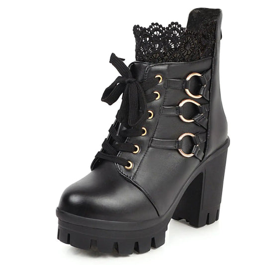 Women's Goth Platform Boots - 3.54" Chunky Heel Combat Ankle Booties with Rivets
