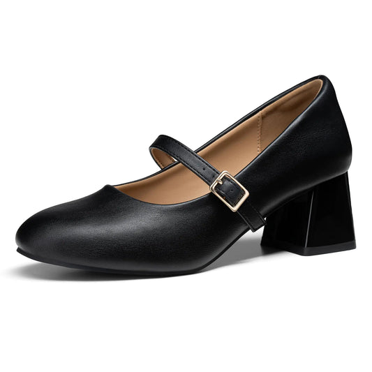 Women's Mary Jane Shoes - Low Block Heel Pumps with Adjustable Strap