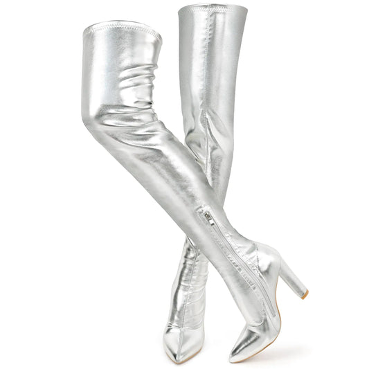 Silver Thigh High Boots - 4.13 Inch Chunky Heel Over-the-Knee GoGo Boots