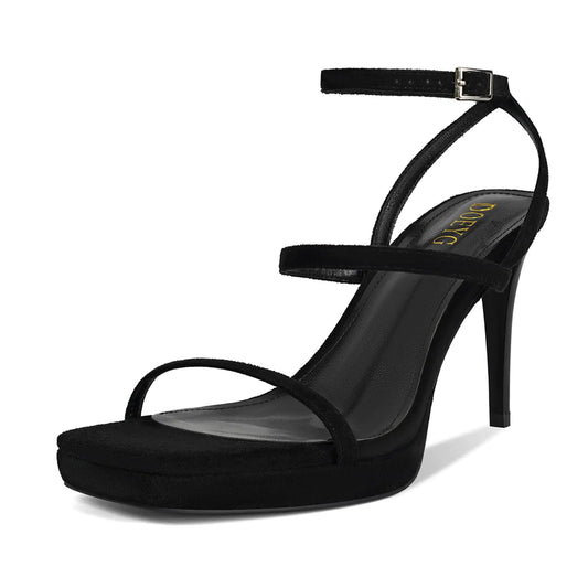 DOEYG Black Heels - Strappy Platform Stiletto Sandals with Square Open Toe