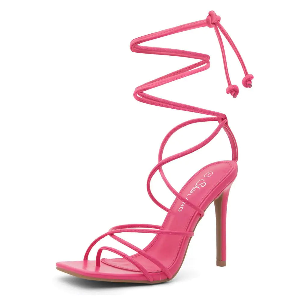 Lace Up Heeled Sandals - Square Toe Strappy Stiletto Heels for Women