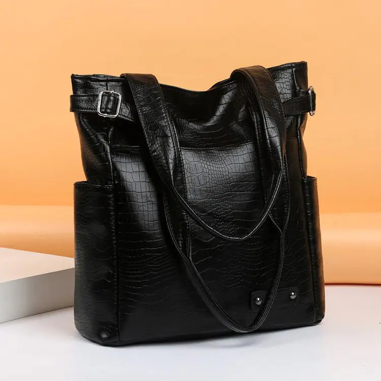Large Capacity Soft PU Leather Tote Bag - Modern Square Vertical Design
