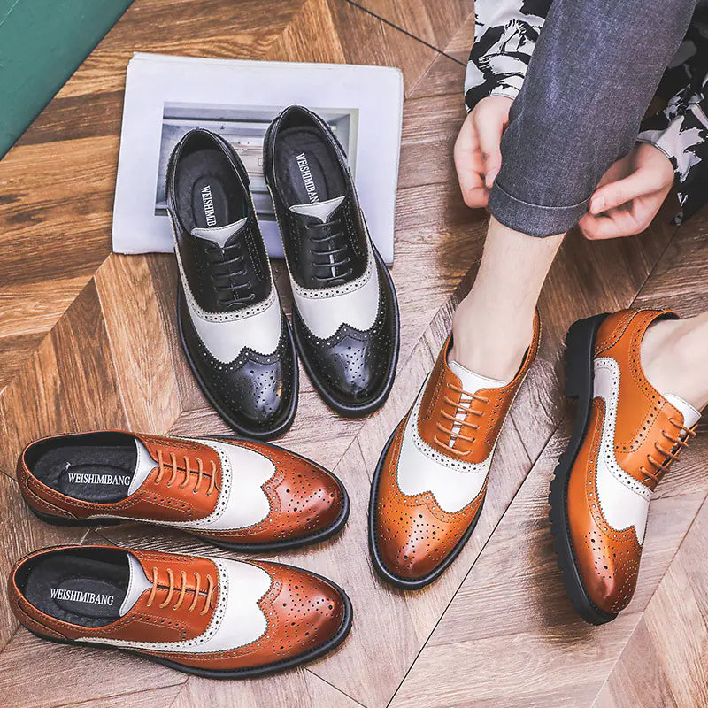 Men's Color Block Brogue Business Casual Shoes - Microfiber Leather Non-Slip