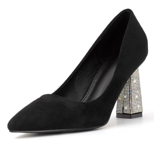 Women's Crystal-Encrusted Block Heel Pumps - Pointed Toe Dress Shoes