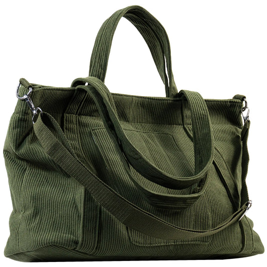 METALPHA Tote Bag for Women Large Work Corduroy Tote Bags Zippered Messenger Travel Bag Shoulder Crossbody Hobo Handbags (Green)