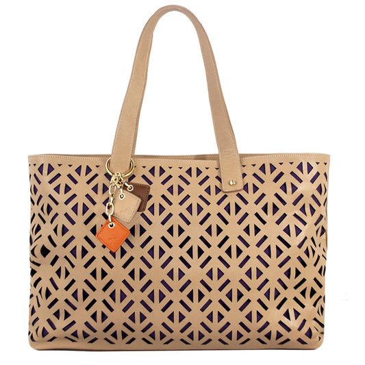 Tan Leather Luxe Tote - Classic Leather Travel Handbag with Purple Lining | Gotaar