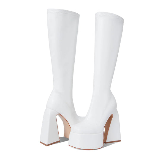 White Platform Knee High Boots - Square Toe Chunky Heel Punk Style Boots
