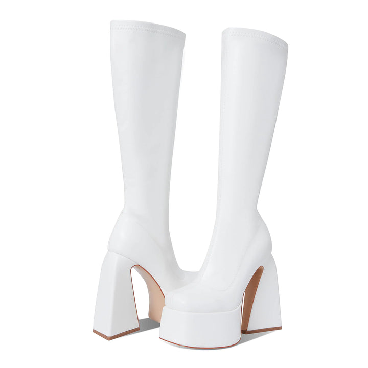 White Platform Knee High Boots - Square Toe Chunky Heel Punk Style Boots - Gotaar