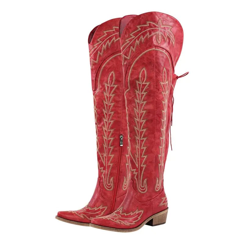 Red Western Glam Cowgirl Boots - Wide Calf Embroidered Thigh High Boots - Gotaar