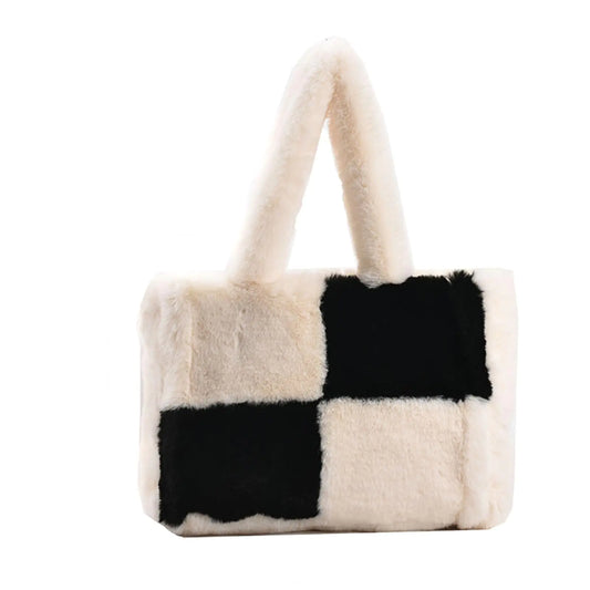 ChicPlush Fluffy Tote - White & Black Faux Fur Shoulder Bag