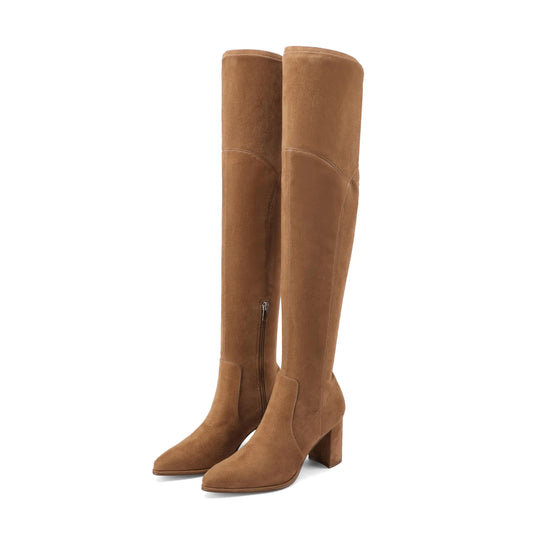 Suede Serenity Thigh-High Boots - Chunky Heel