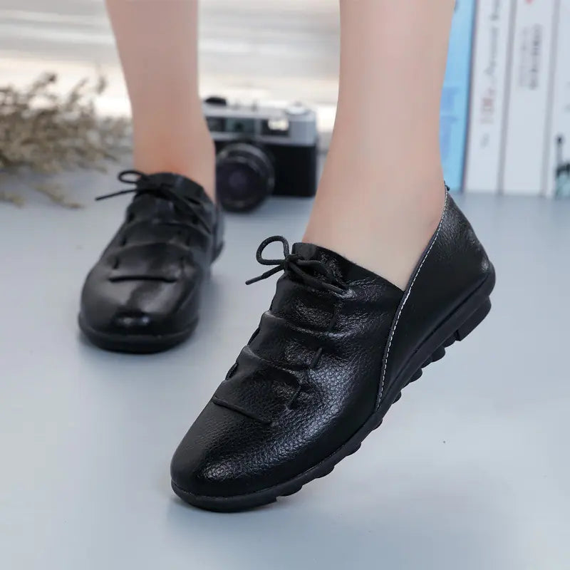 Genuine Leather Women's Flat Shoes - Waterproof Casual Driving Loafers