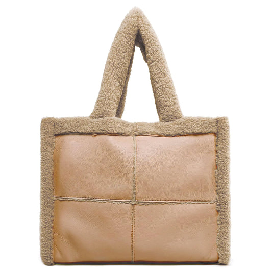 Like Dreams Large Sherpa Tote Bag - Vegan Leather Winter Purse (Nude)