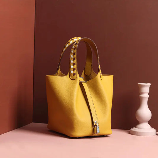 Genuine Leather Women's Woven Bucket Bag - Large Capacity Tote