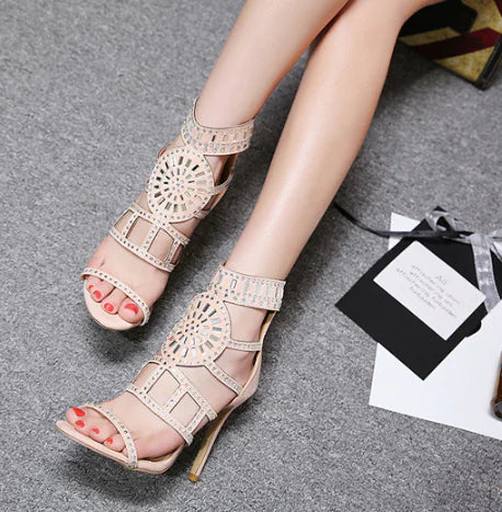 Women's Rhinestone High Heel Sandals - Roman Style Strappy Party Shoes | Elegant