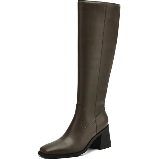 AIUNIIND Women's Square Toe Knee High Boots - Chunky Heel Faux Leather Riding Boots