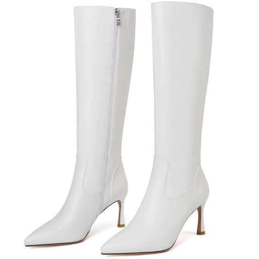 Women's White Knee-High Stiletto Boots - Pointed Toe Leather High Heel Long Boots