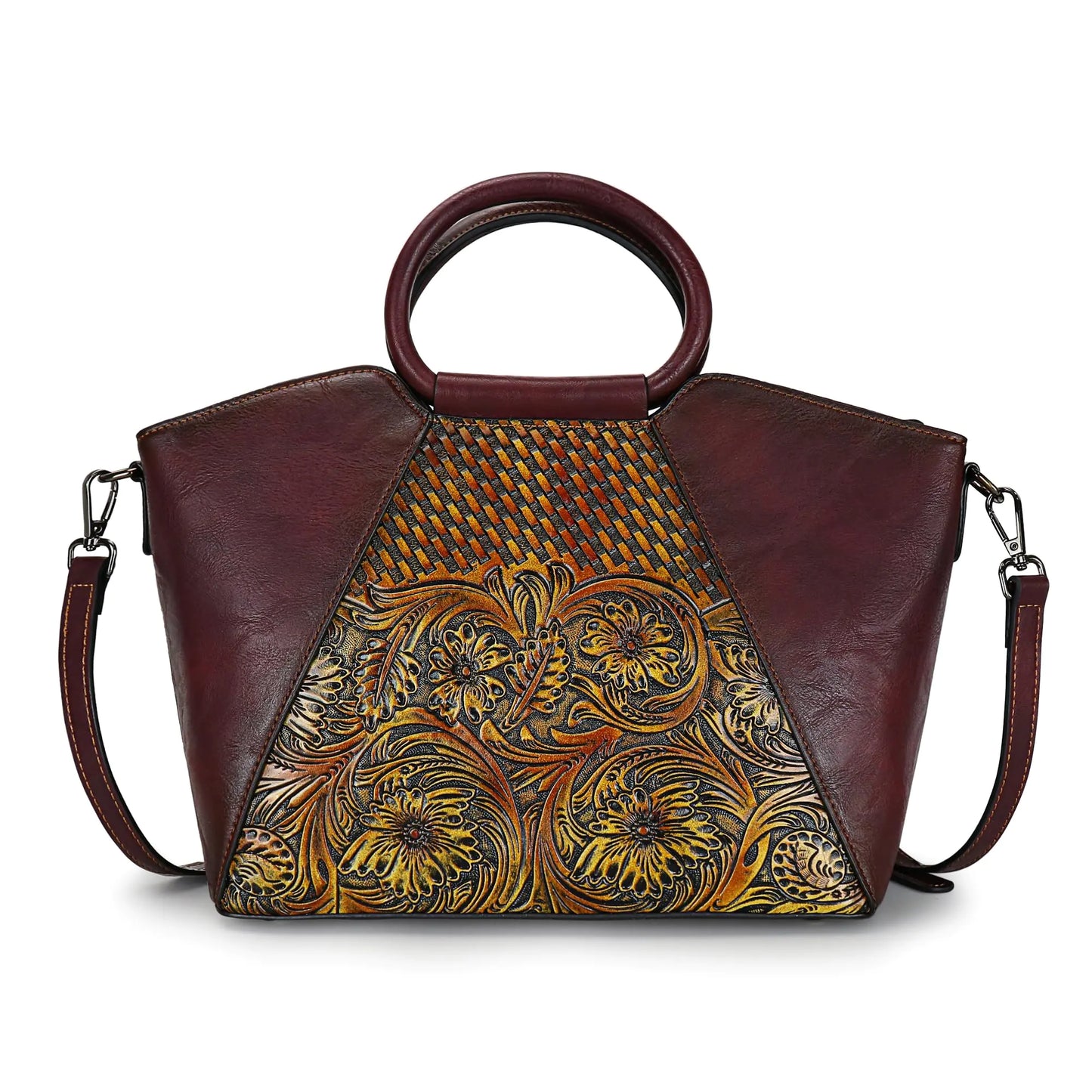 Women's Vintage Embossed Leather Satchel - Multi-Way Crossbody Tote Handbag