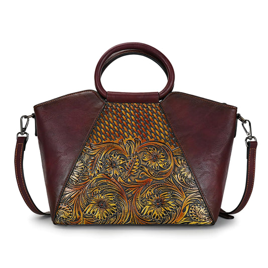 Women's Vintage Embossed Leather Satchel - Multi-Way Crossbody Tote Handbag