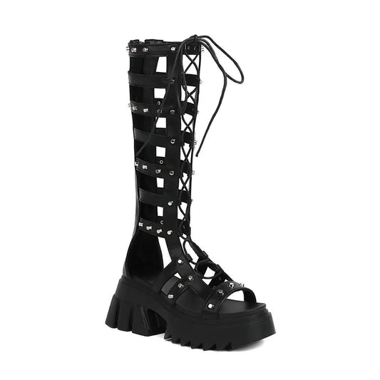 Chic Rivet Knee-High Boots - High-Heeled Slimming Trendy Boots with Rivet Details