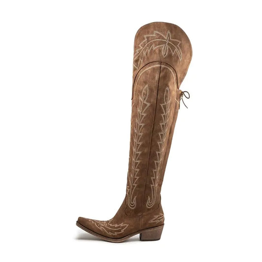 Atuelang High-Rise Cowgirl Boots - Wide Calf Embroidered Over-the-Knee Boots
