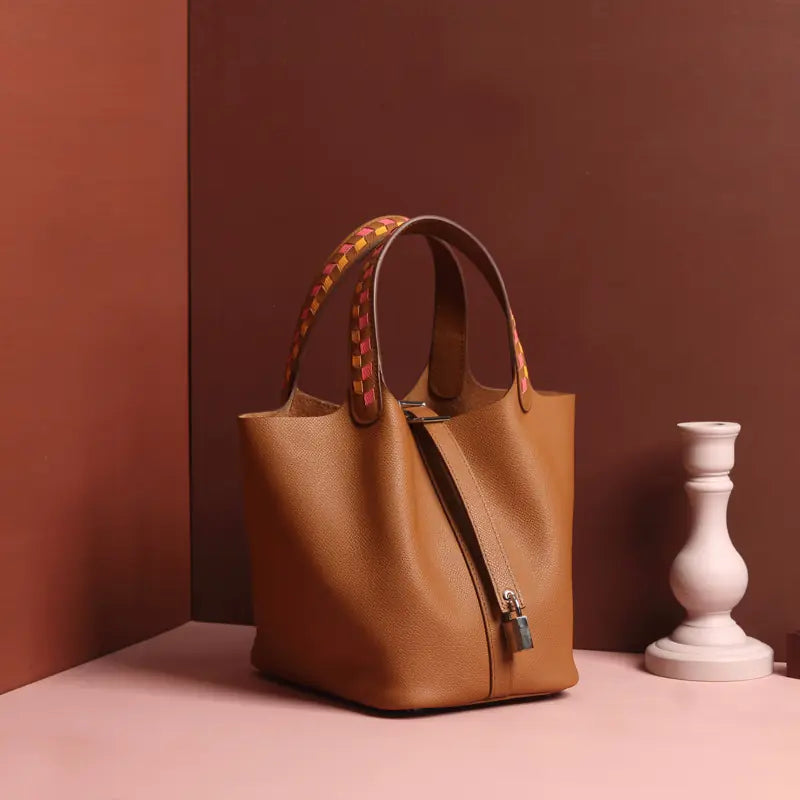 Genuine Leather Women's Woven Bucket Bag - Large Capacity Tote