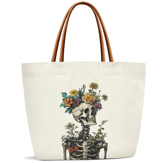 Skull Canvas Tote Bag - Edgy Double-Sided Print Multipurpose Handbag