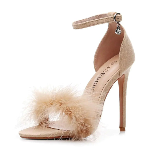 FLOUNCEup Feathered Strappy Heel Sandals