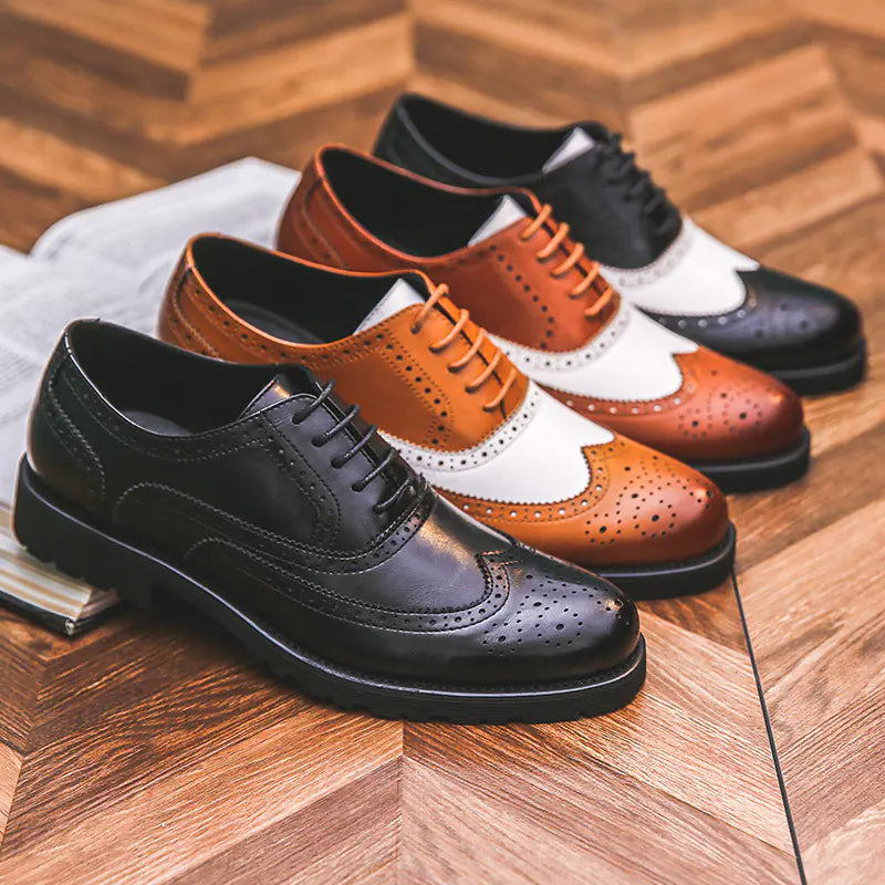Men's Color Block Brogue Business Casual Shoes - Microfiber Leather Non-Slip