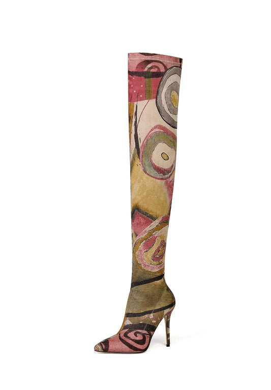 Vivianly Chic Printed Thigh-High Stiletto Boots