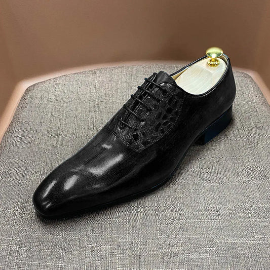 Men's Handmade Leather Oxford Shoes - Pointed Toe Lace-Up Business Dress Shoes