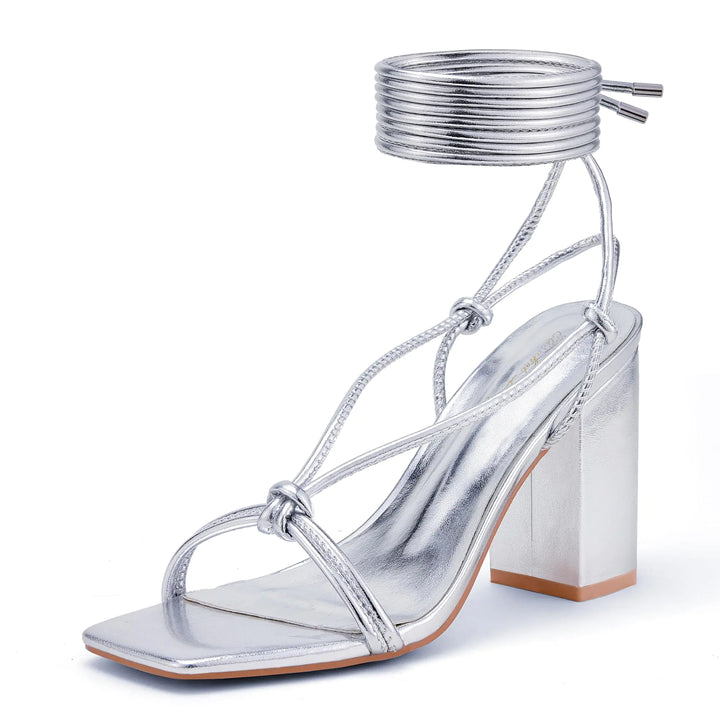 Silver Strappy Heeled Sandals - 3 Inch Chunky Block Heel Lace - Up Sandals - Gotaar
