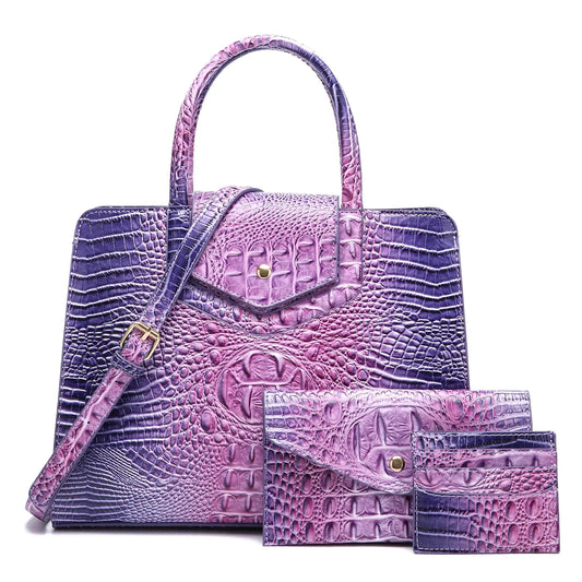 Women's 3-Piece Purse Set - Crocodile Pattern Handbag Wallet Card Holder