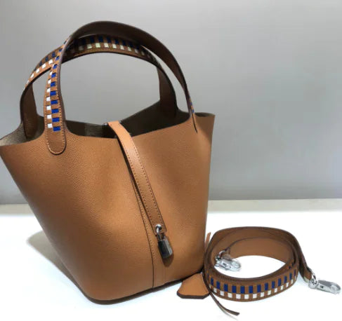 Genuine Leather Women's Woven Bucket Bag - Large Capacity Tote