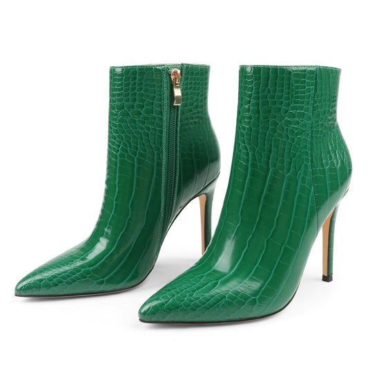 HECATER Ankle Boots for Women Stiletto High Heel Pointed Toe Boots with Zipper 10cm Green Crocodile-Print US 9