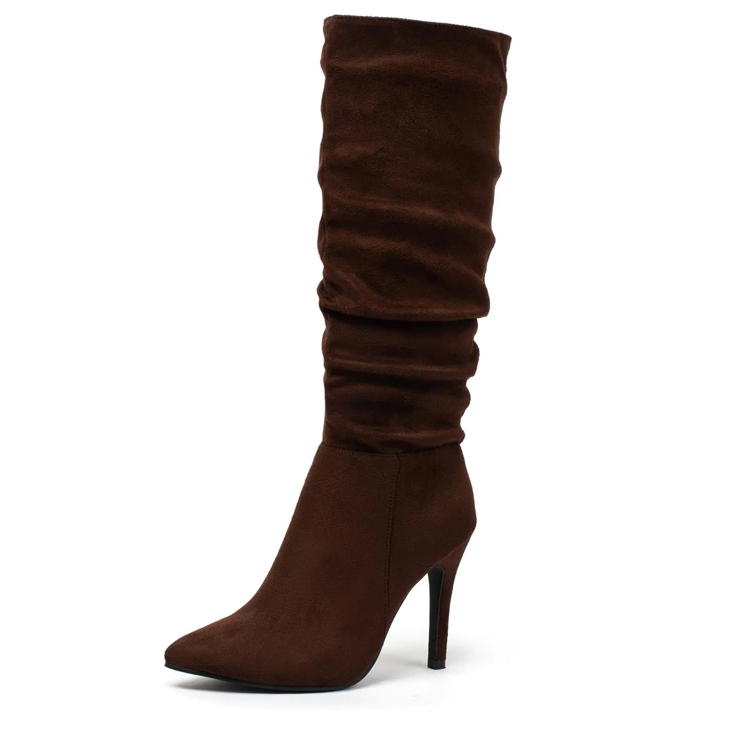 Katliu Women's Suede Knee High Boots - Pointed Toe Stiletto Slouchy Zipper Boots