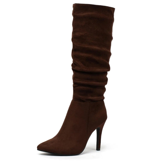 Katliu Women's Suede Knee High Boots - Pointed Toe Stiletto Slouchy Zipper Boots