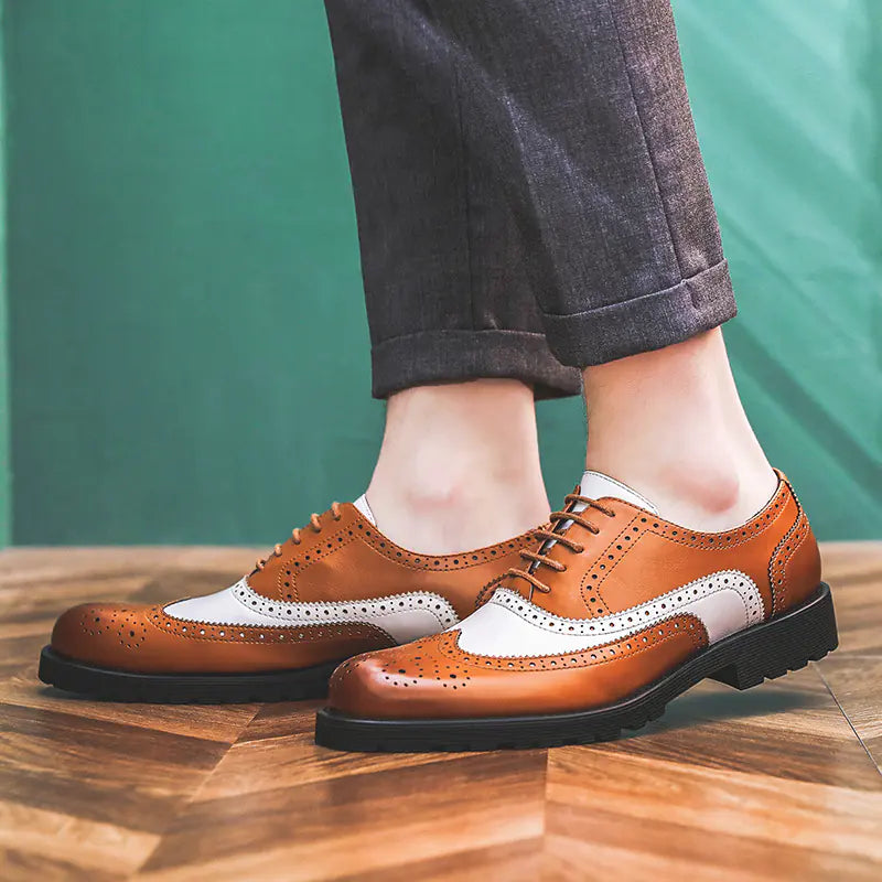 Men's Color Block Brogue Business Casual Shoes - Microfiber Leather Non-Slip