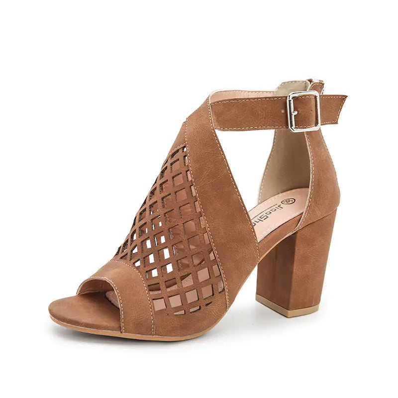 Chunky High Heel Hollow Buckle Roman Shoes for Women - Gotaar