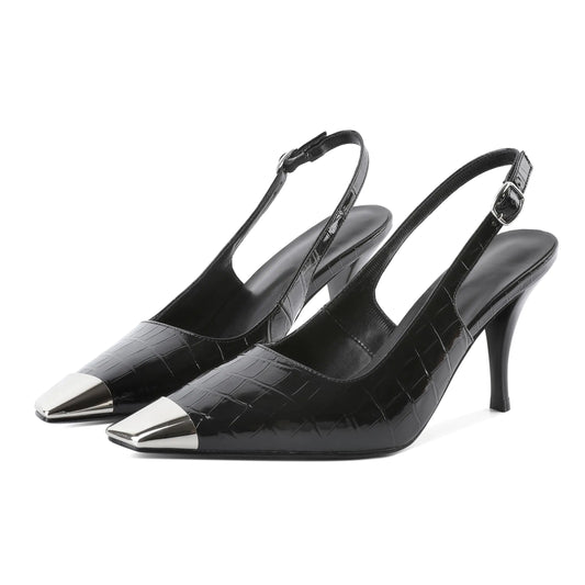 YODEKS Metallic Slingback Cap Toe Stilettos - Silver Black Croc, 3.5 Inch