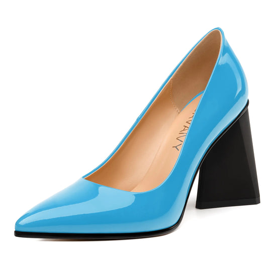 Women's Pointed Toe Chunky Heel Pumps - 3.3 Inch Block Heel Slip-On Shoes