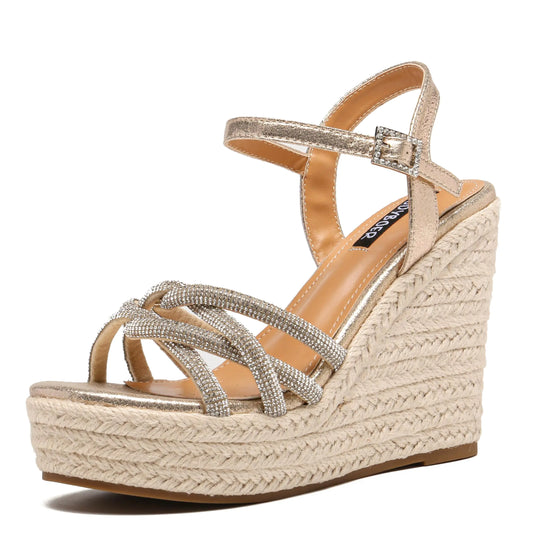 ZodyBoer Rhinestone Wedge Sandals - Women's High Heel Platform Espadrille Sandals with Ankle Strap