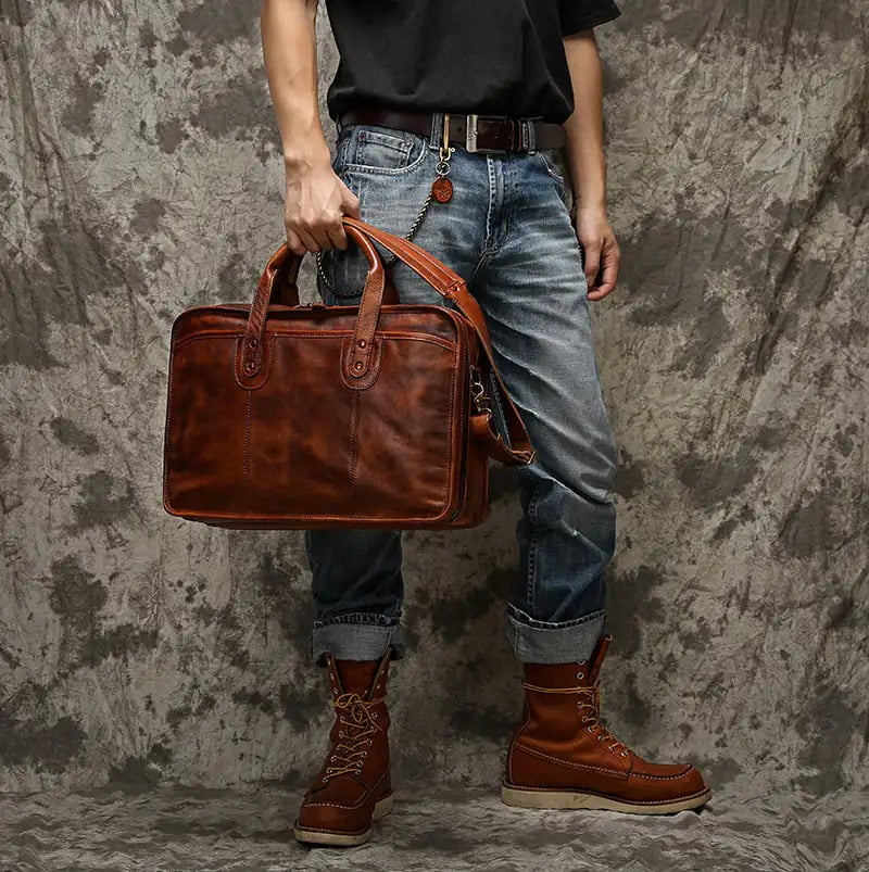 Vintage Leather Men's Briefcase with Large Capacity