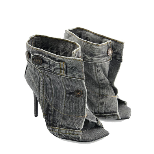 THESHY Women's Peep Toe Denim Ankle Boots - Stiletto Heel Western Style Booties